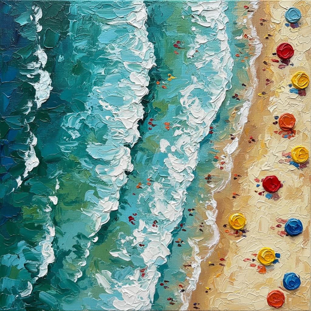 Rhythmische Gezeiten Von Ocker Und Teal Mit Lebendigen Primärfarben In Schwerem Impasto — David Moreau