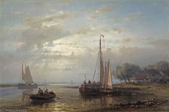 Fishing Vessels On A River At Dusk — Abraham Hulk Senior