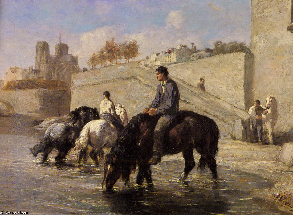 Chevaux S'abreuvant Dans La Seine Derriere Notre Dame — Jules Jacques Veyrassat
