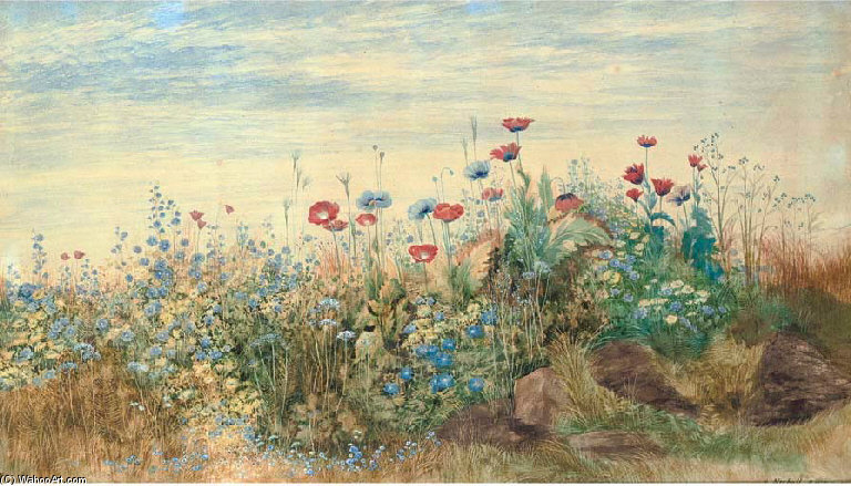 A Flowerbank With Poppies, Harebells And Marigolds — Andrew Nicholl