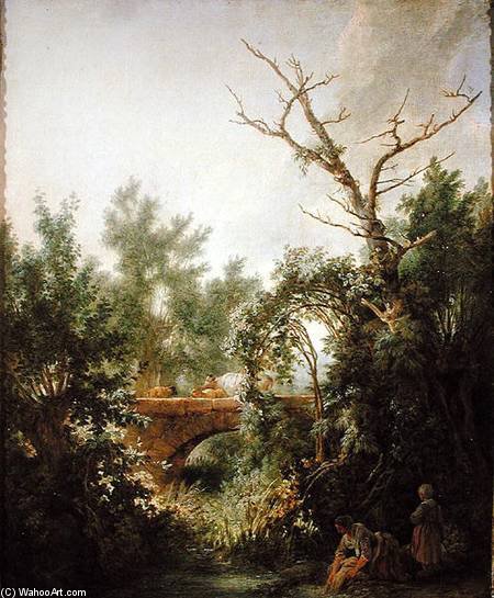 Peasant Woman Washing Clothes Near A Bridge — Jean Baptiste Huet