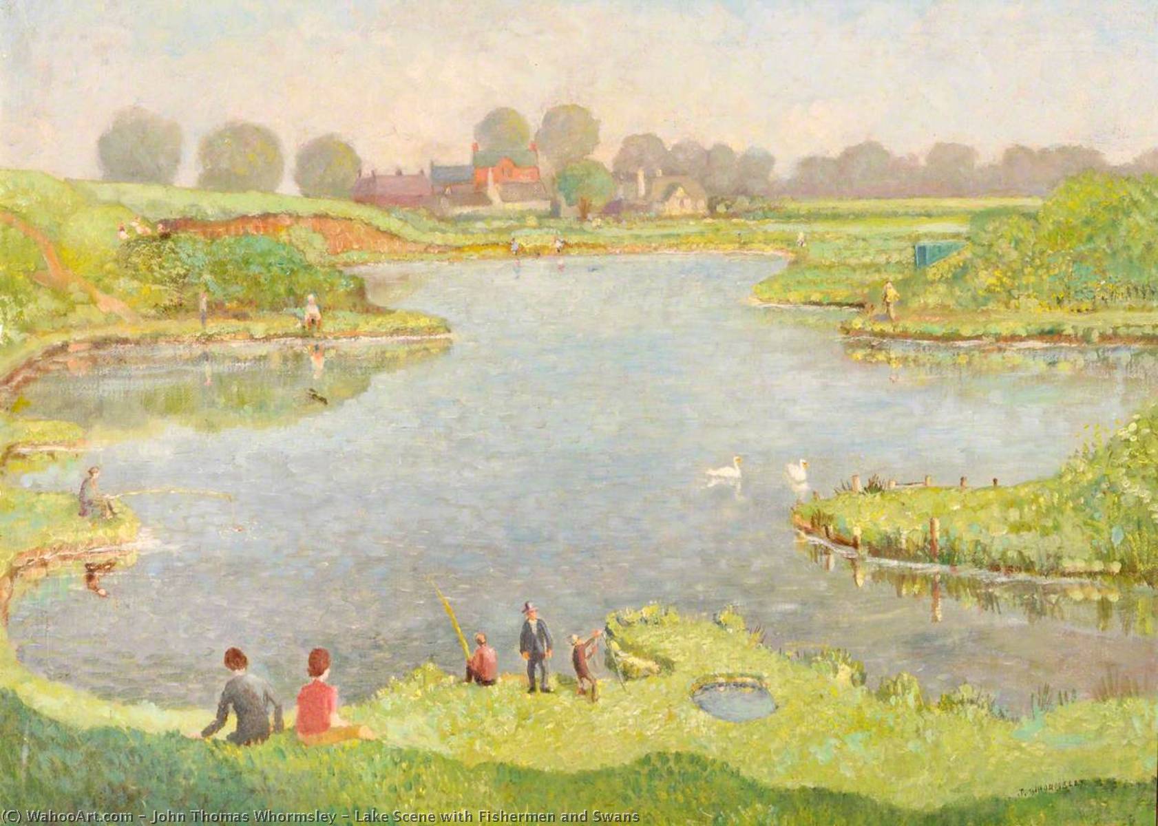 Lake Scene With Fishermen And Swans — John Thomas Whormsley