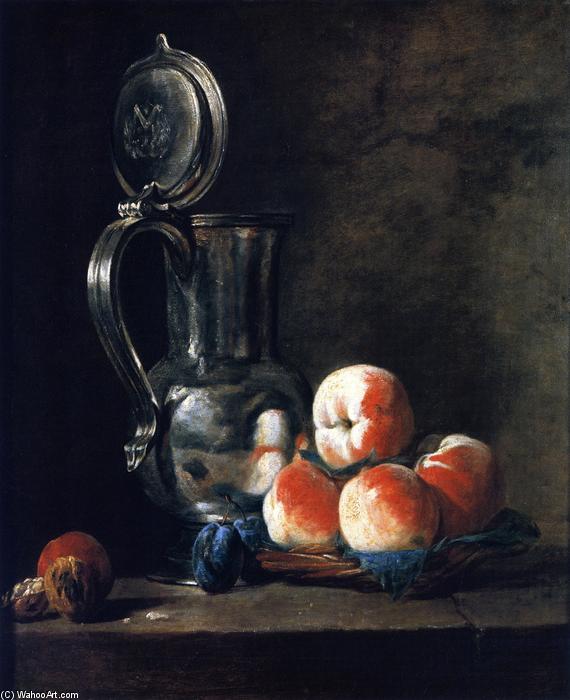 Pewter Jug With Basket Of Peaches, Plums And Walnuts — Jean-baptiste-siméon Chardin