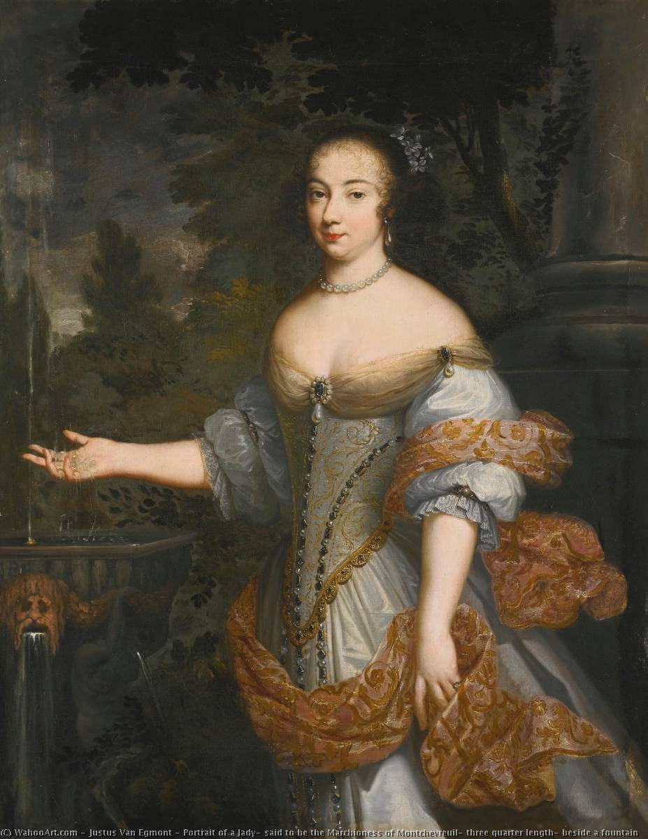 Portrait Of A Lady, Said To Be The Marchioness Of Montchevreuil, Three Quarter Length, Beside A Fountain — Justus Van Egmont