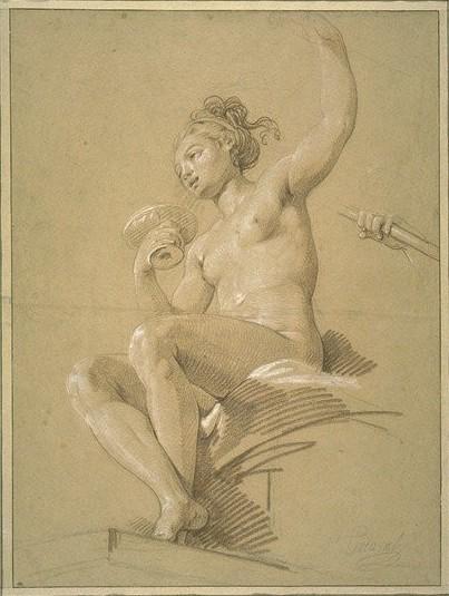 Naked Young Woman Holding A Cup, Sat On Drapery — Hugues Taraval