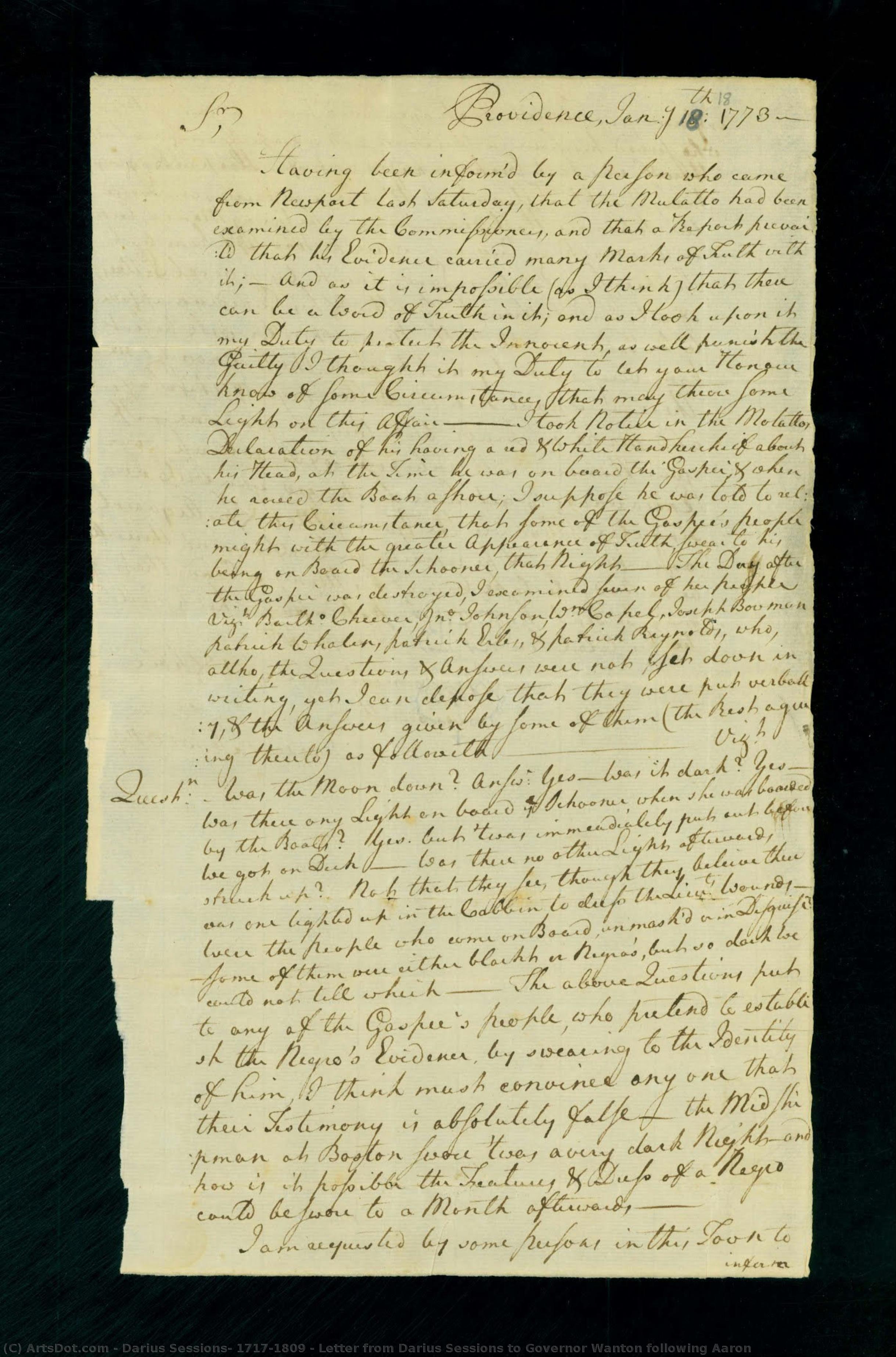 Letter From Darius Sessions To Governor Wanton Following Aaron — Darius Sessions, 1717-1809