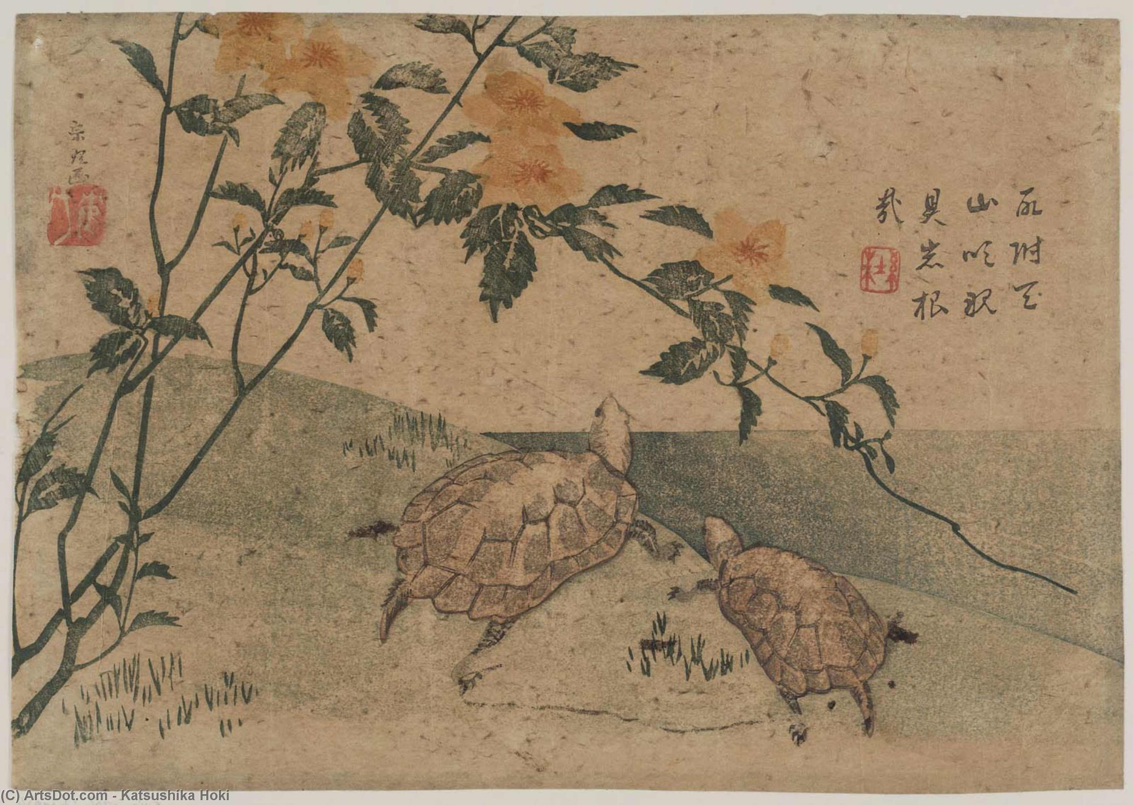 Two Turtles And Kerria Roses — Katsushika Hokusai
