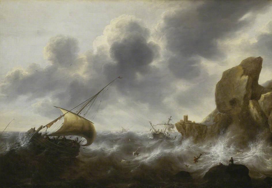 A Fishing Boat Off A Rocky Coast In A Storm With A Wreck — Jacob Adriaensz Bellevois