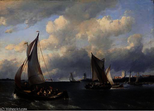 Sailing Vessels On Choppy Water, A Town In The Distance — Antoine De Saaijer Waldorp