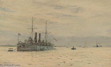 A Royal Navy Armoured-cruiser Lying On Her Mooring — William Lionel Wyllie