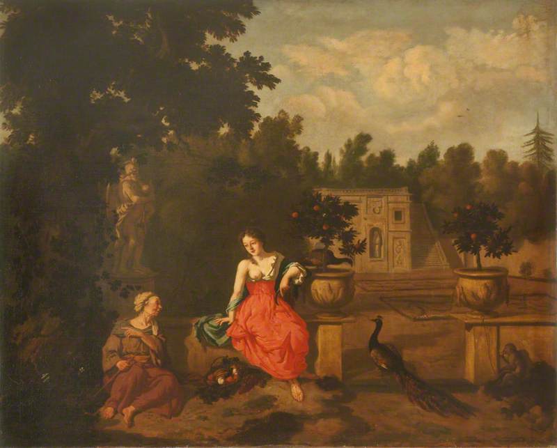 Vertumnus And Pomona In A Garden, With Juno's Peacock — Dirck Van Den Bergen
