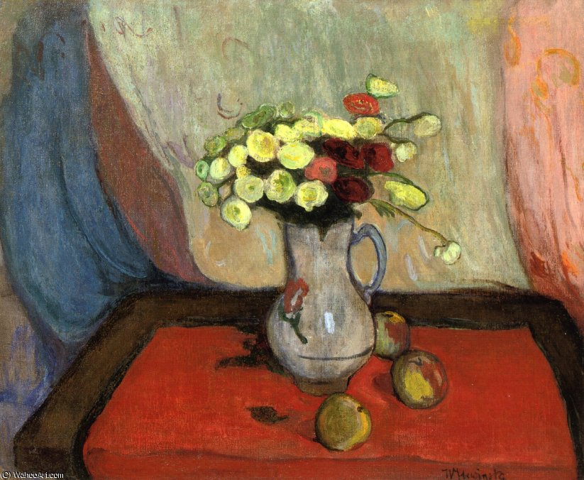 Vase Of Flowers With Three Apples — Wladyslaw Slewinski