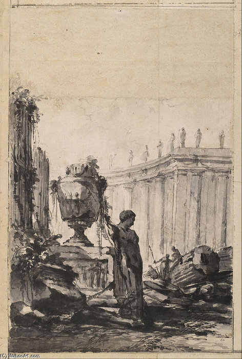 Architectural Fantasy With Vase, Herm, And Colonnade — Louis-joseph Le Lorrain