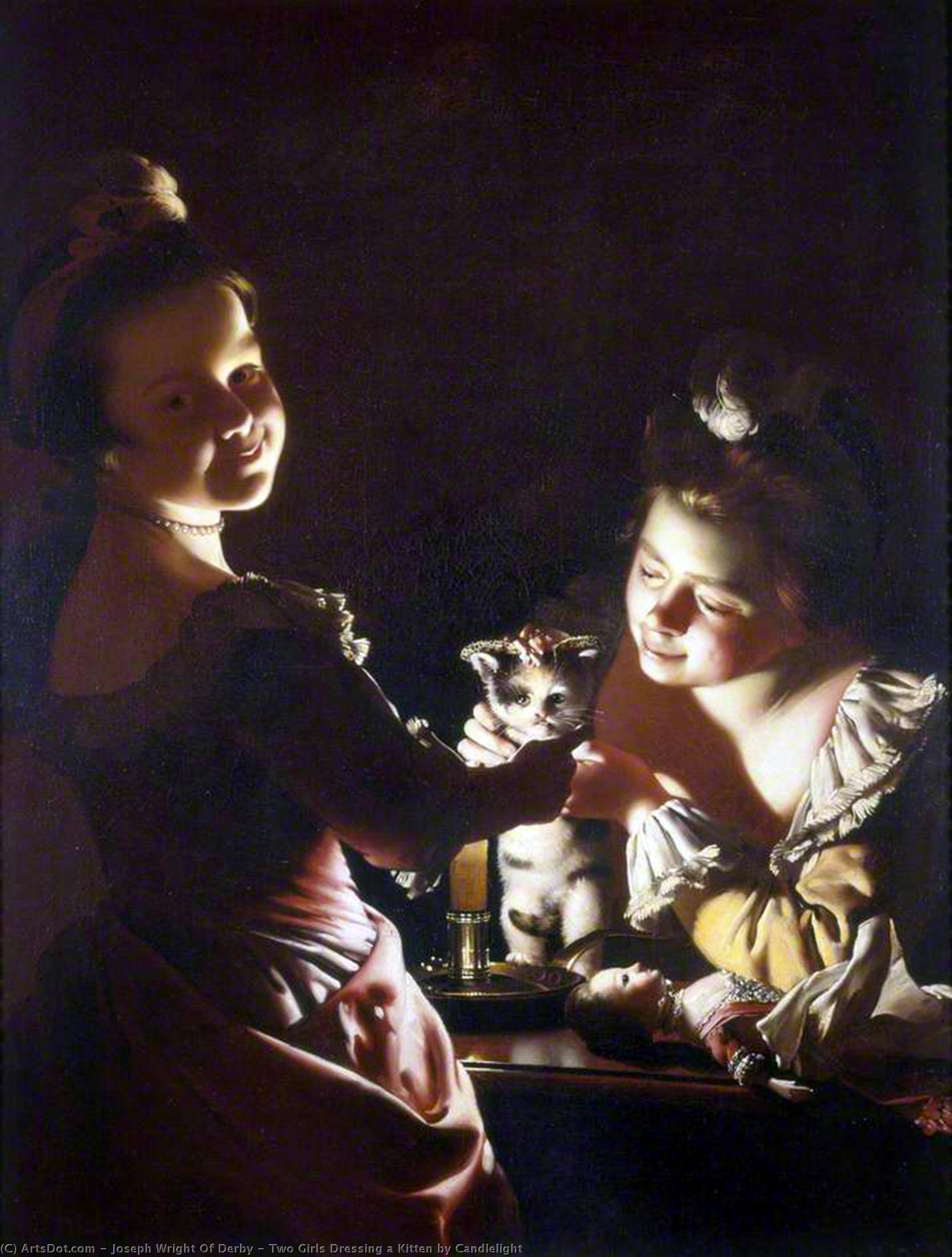 Two Girls Dressing A Kitten By Candlelight — Joseph Wright Of Derby
