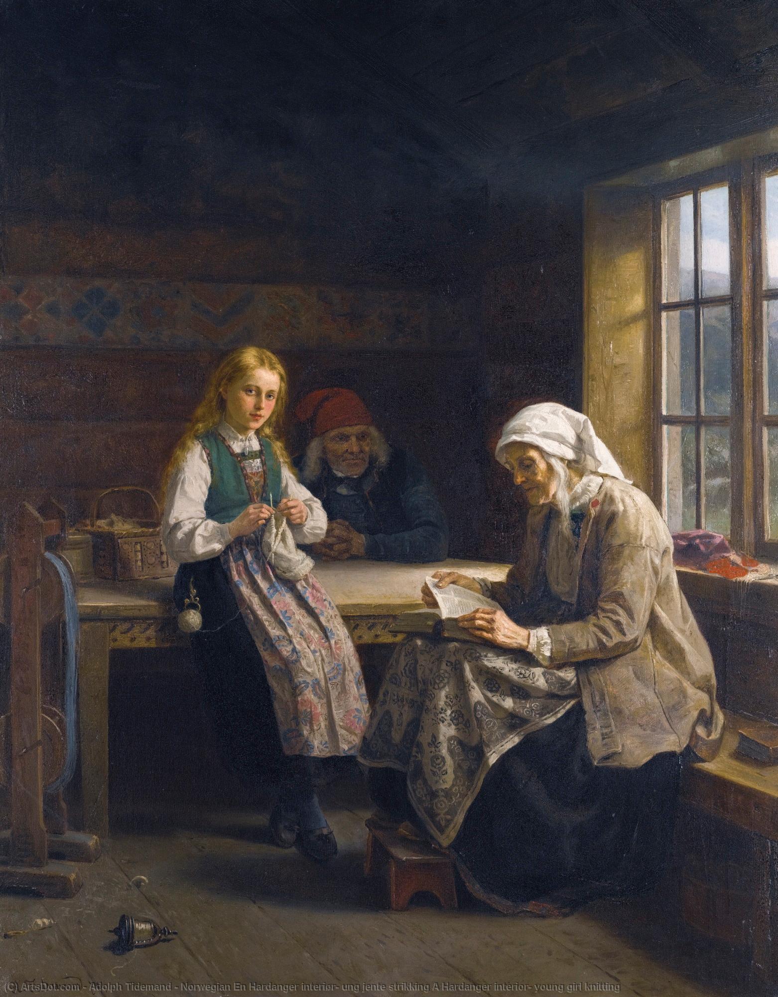 Norwegian En Hardanger Interiør, Ung Jente Strikking A Hardanger Interior, Young Girl Knitting — Adolph Tidemand