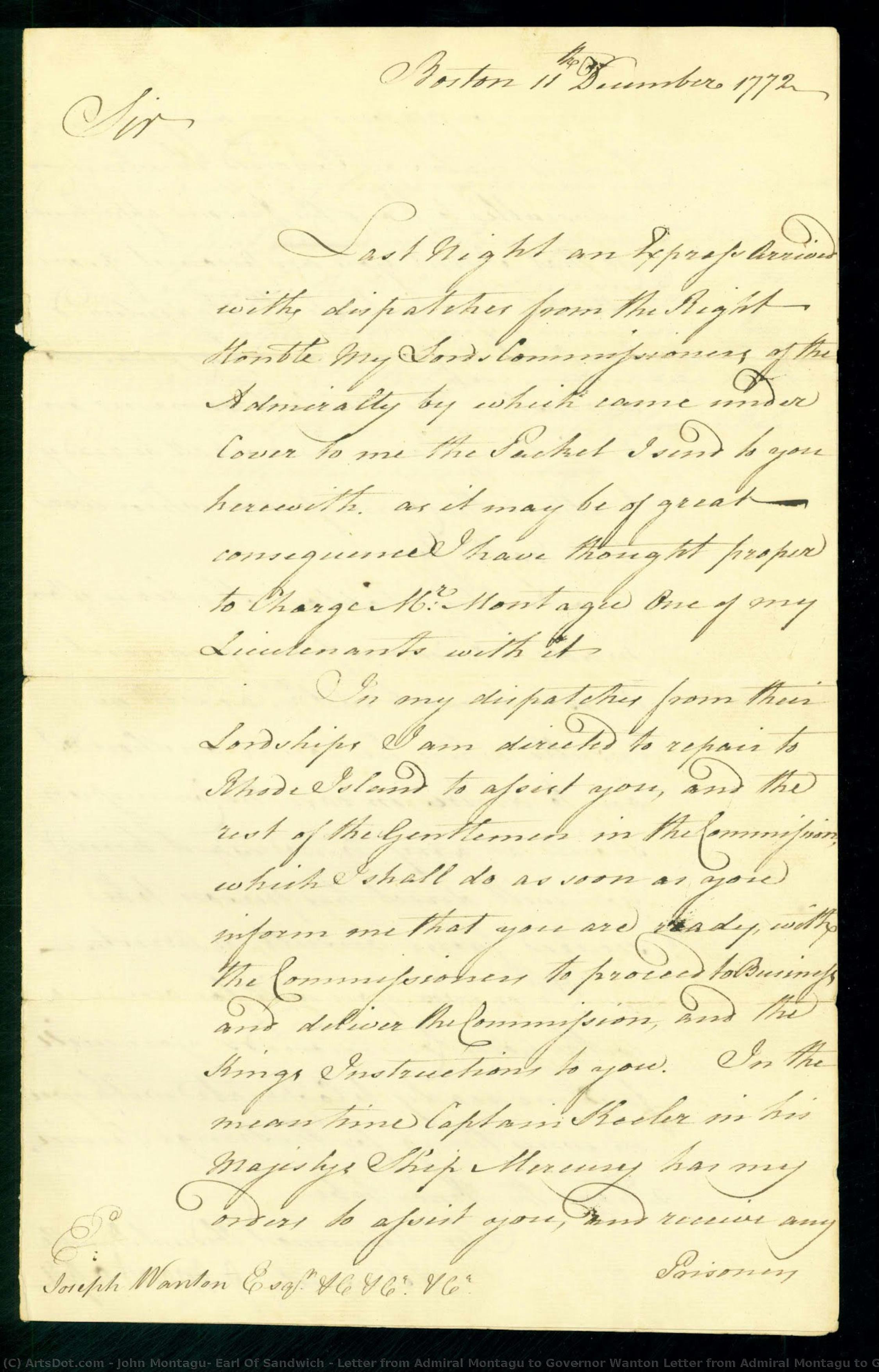 Letter From Admiral Montagu To Governor Wanton Letter From Admiral Montagu To Governor Wanton, Page 1 — John Montagu, Earl Of Sandwich