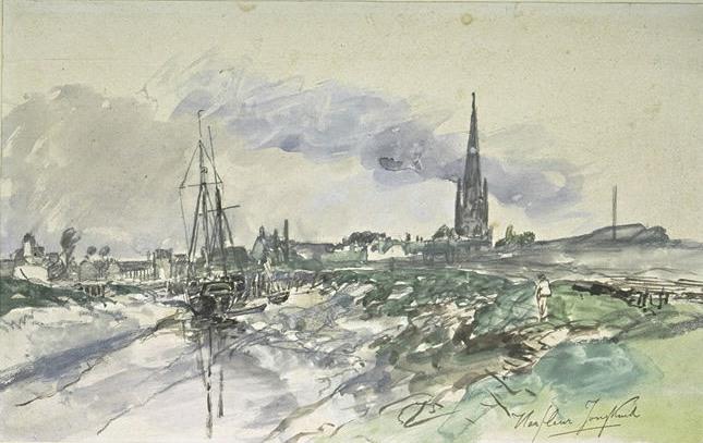 View Of The Port Of Harfleur At Low Tide, With The Spire Of The Cathedral — Johan Barthold Jongkind