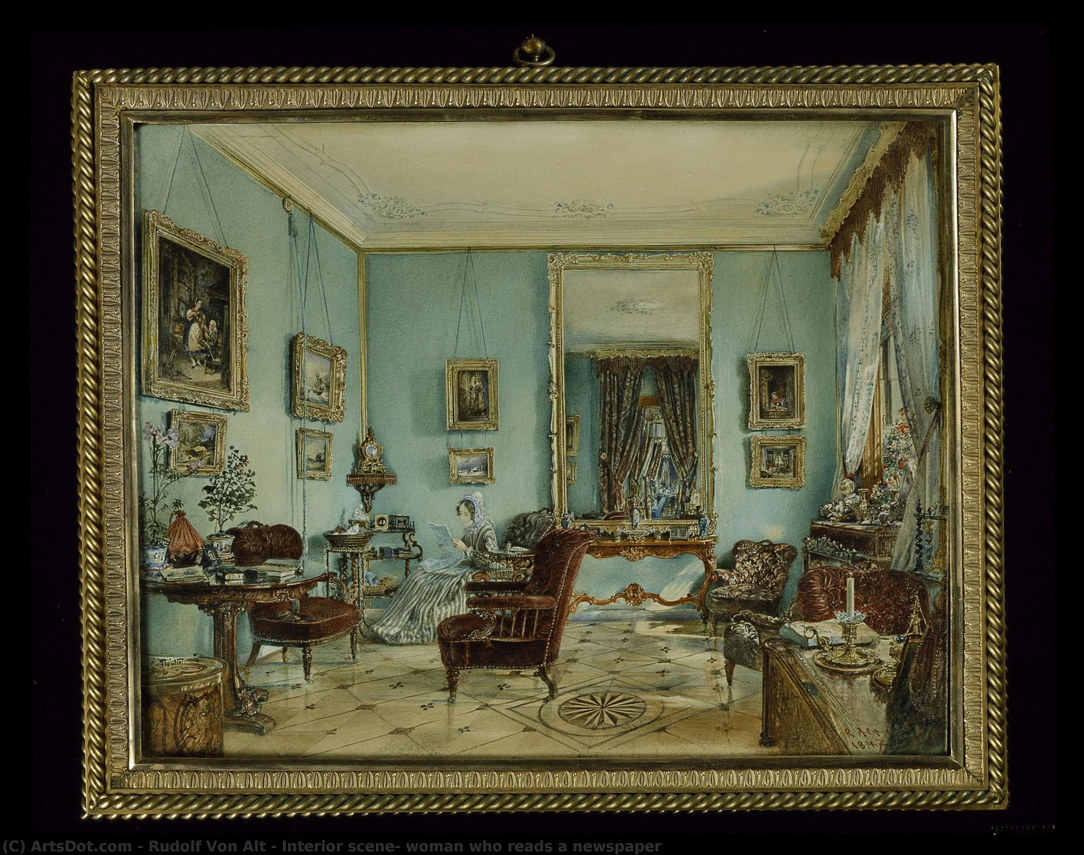 Interior Scene, Woman Who Reads A Newspaper — Rudolf Fon Alt