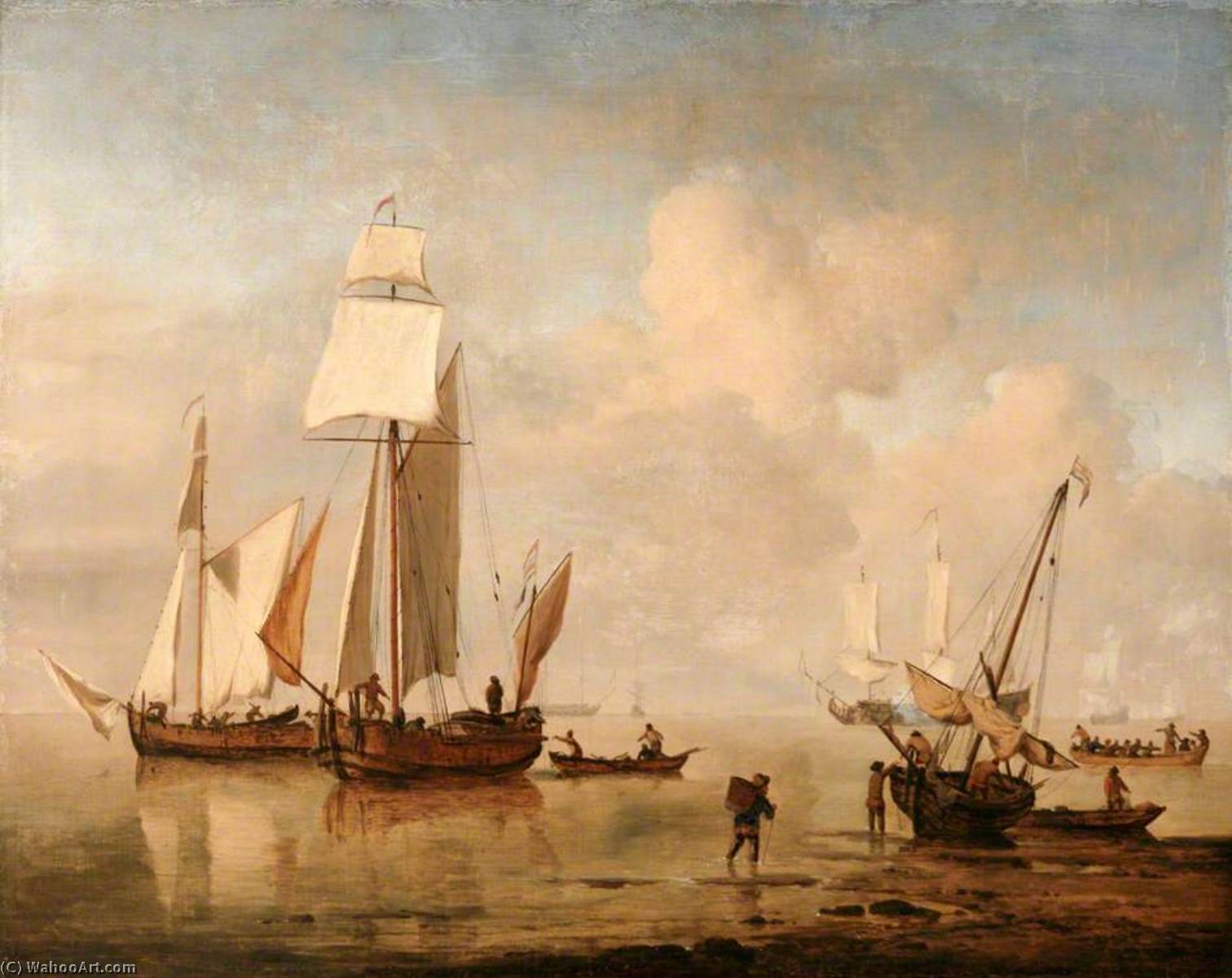 A Calm Sea With Two Fishing Boats And A Third Beached — Willem Van De Velde The Elder