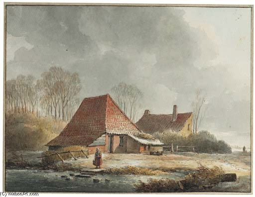 A Farm With A Woman By A Frozen Pond In Winter — Andreas Schelfhout