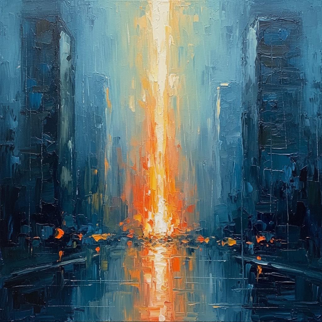 Ethereal Radiance Piercing The Monumental Shadows Of A Midnight Urban Canyon — Christian Noiret