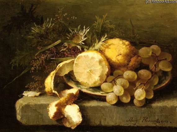 Still Life With Grapes And Lemons On A Ledge — Margaretha Roosenboom