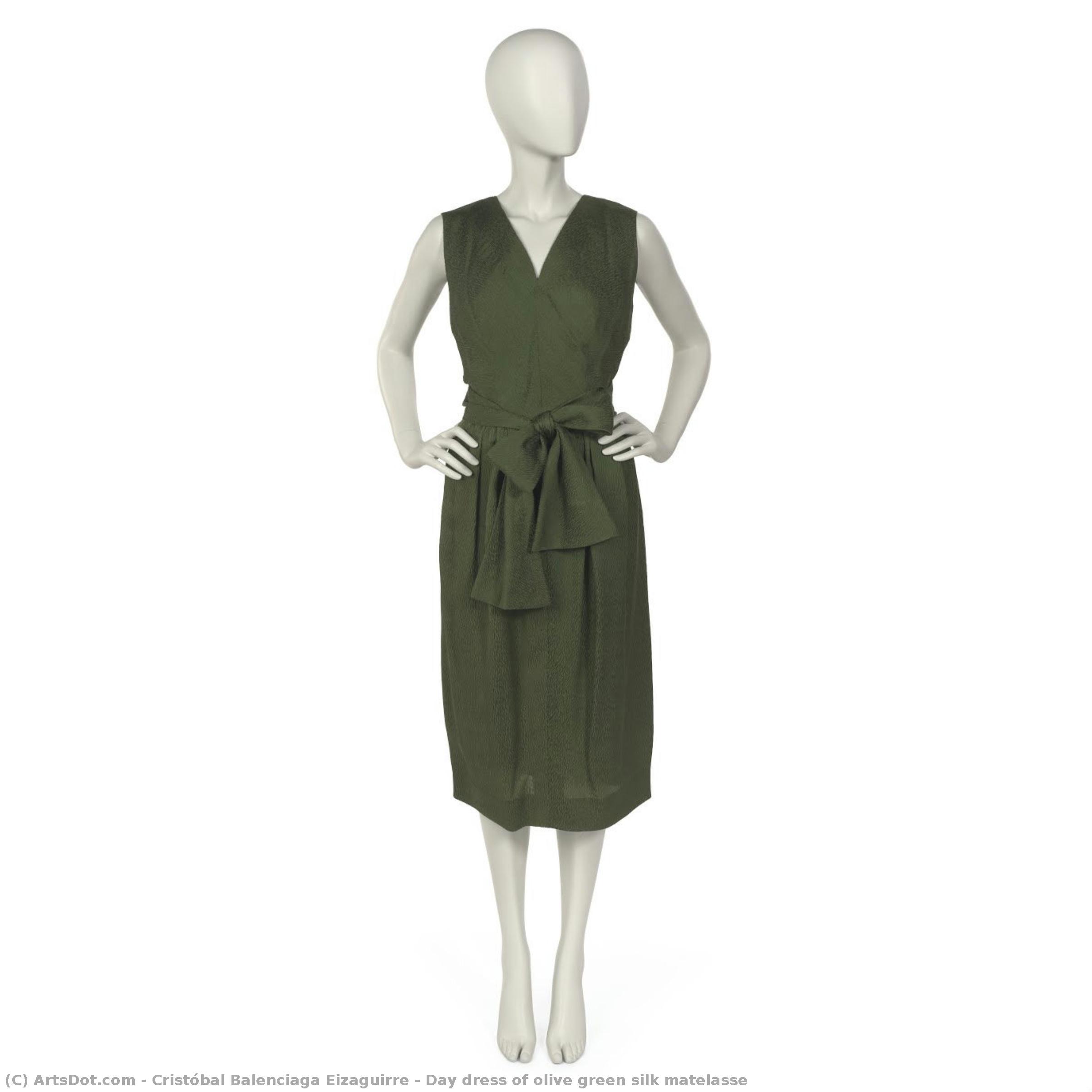 Vestido De Día De Seda Matelassé Verde Oliva — Cristóbal Balenciaga Eizaguirre