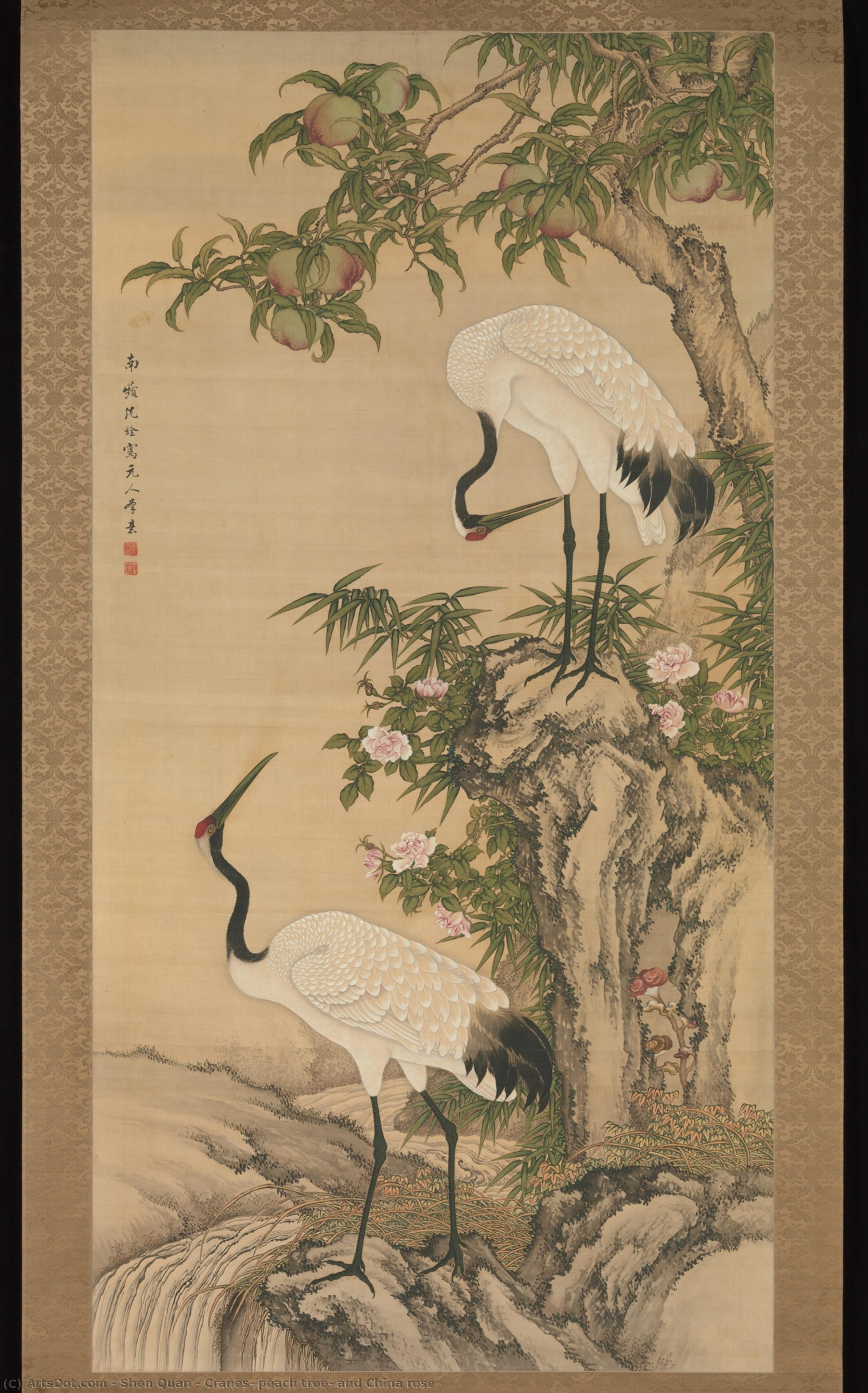 Cranes, Peach Tree, And China Rose — Shen Quan