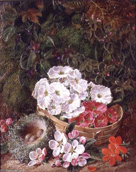 Still Life Of Apple Blossom And Violets With Primulas In Wicker Basket — George Clare