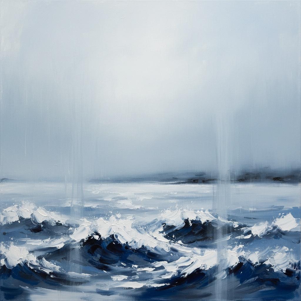 Ephemeral Surge Of Indigo Waves Beneath A Timeless And Monochromatic Mist — Laurent Fabre