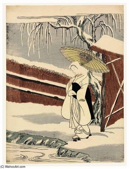 Beauty Under An Umbrella In The Snow — Suzuki Harunobu
