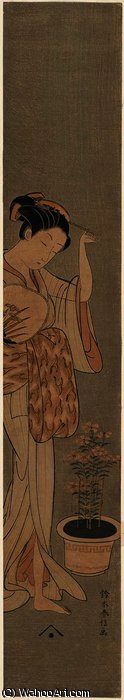 Woman In Summer Clothing With Potted Pinks — Suzuki Harunobu