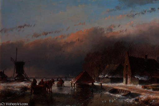 A Winter Landscape With Skaters On A Frozen Waterway By A Windmill — Andreas Schelfhout