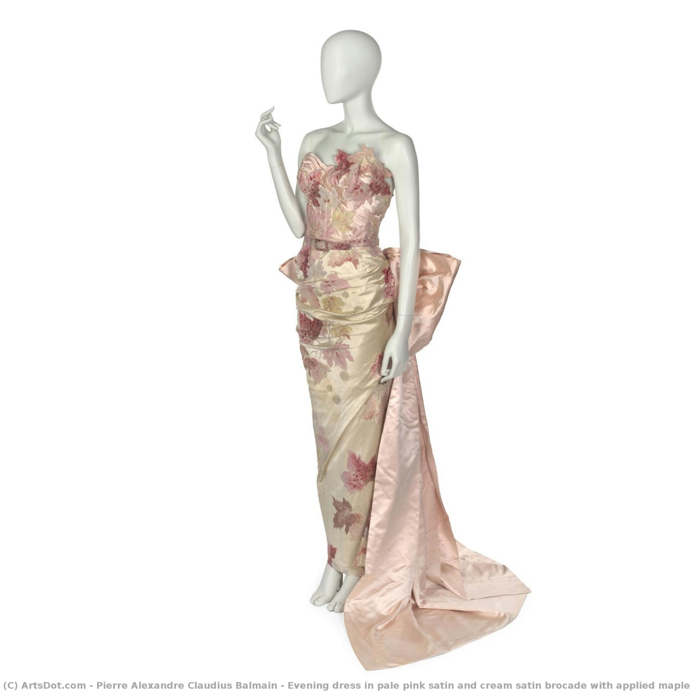 Evening Dress In Pale Pink Satin And Cream Satin Brocade With Applied Maple Leaves — Pierre Alexandre Claudius Balmain