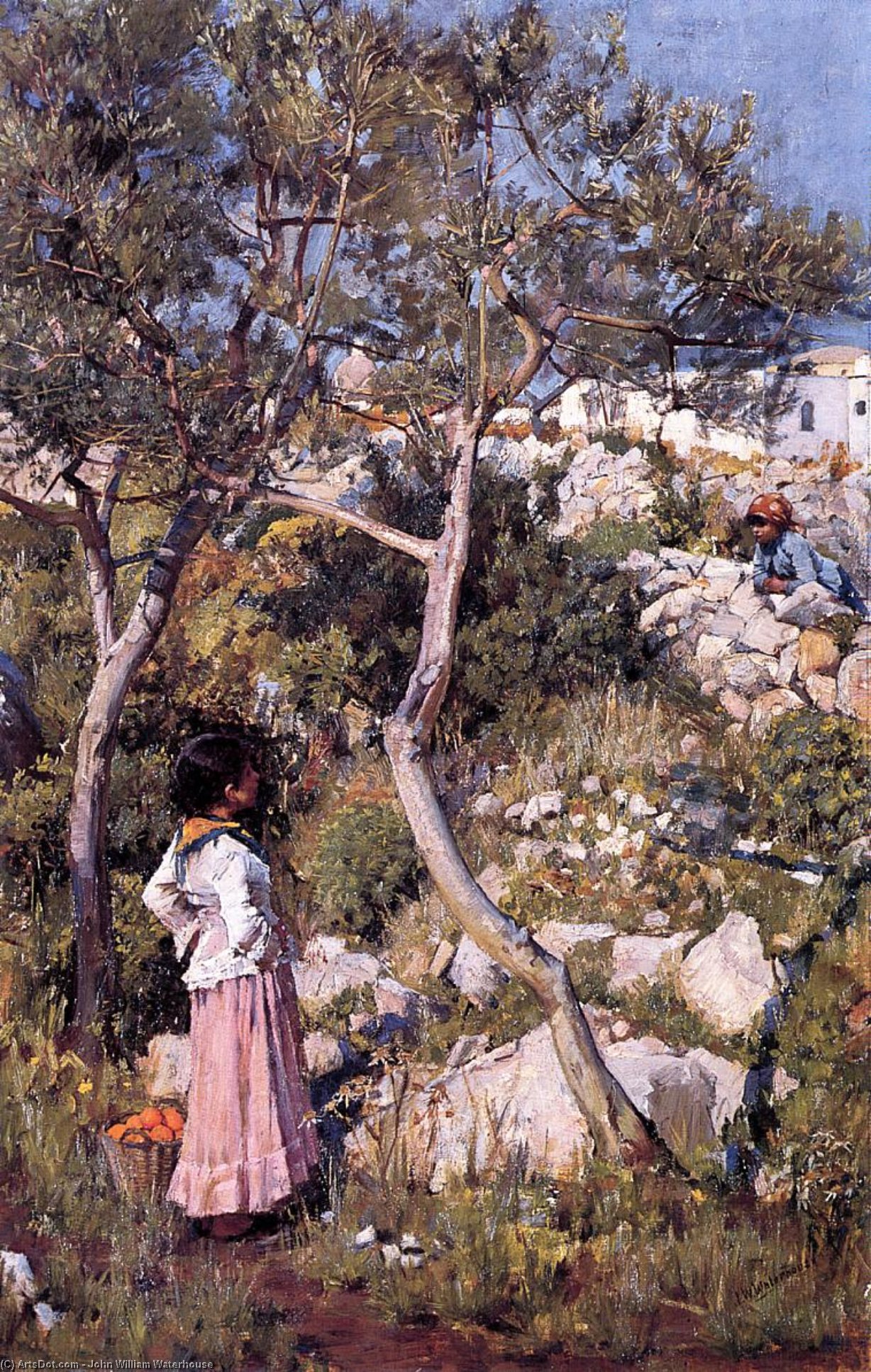 Two Little Italian Girls By A Village — John William Waterhouse