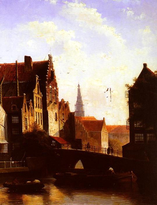 Figures On A Bridge In A Dutch Town — Jan Jacob Coenraad Spohler
