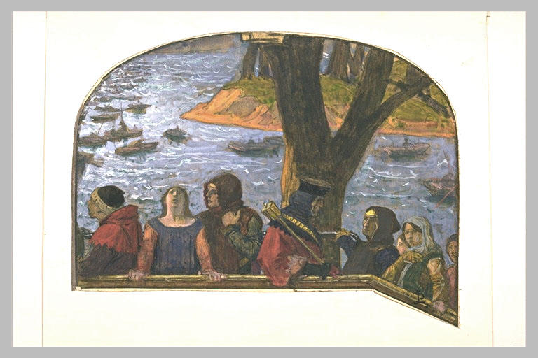Medieval Figures On A Balcony, With Boats In The Distance — Jean-paul Laurens
