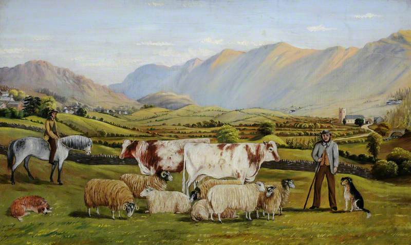 View Of Troutbeck, With Shorthorn Dairy Cows, And Cheviot And Swaledale Sheep, With Figures And Dogs — William Taylor Longmire