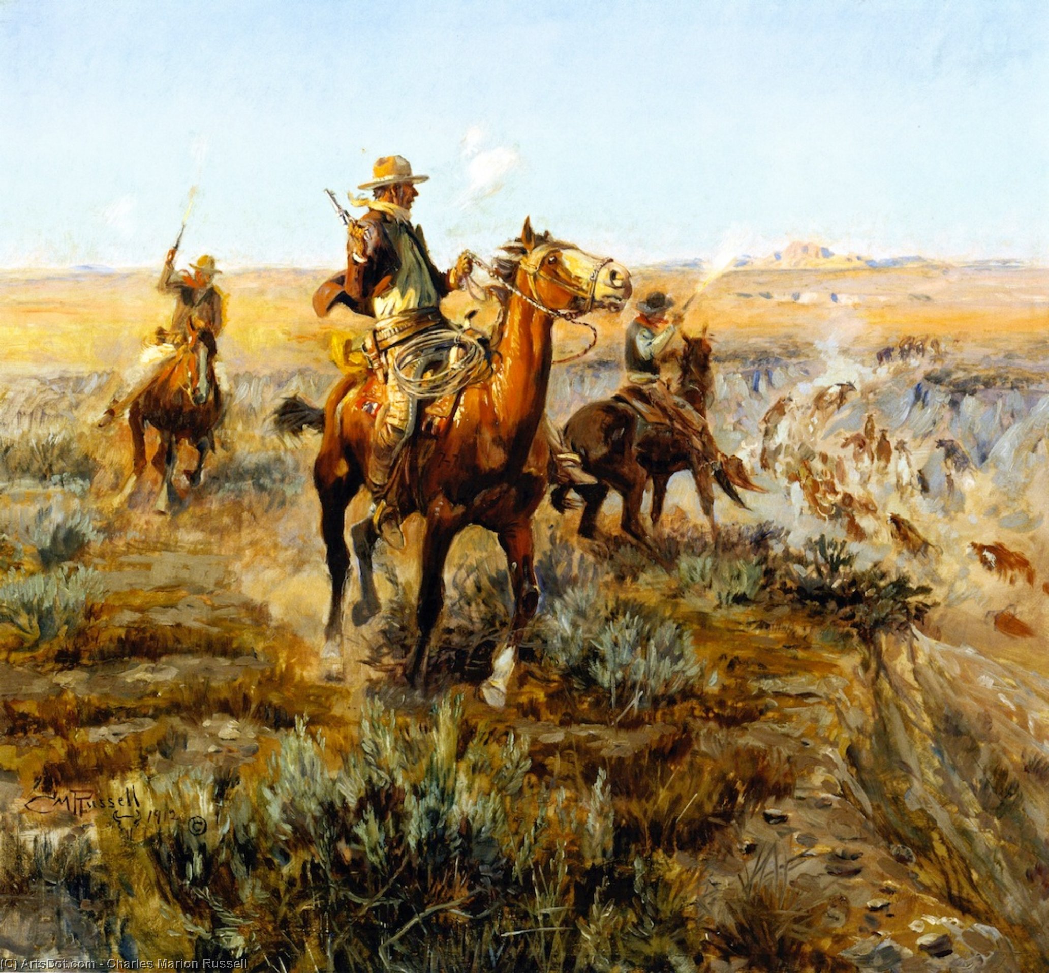 Smoking Cattle Out Of The Breaks — Charles Marion Russell