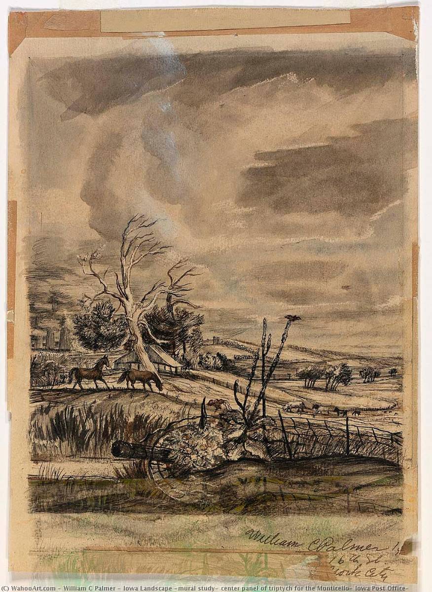 Iowa Landscape (mural Study, Center Panel Of Triptych For The Monticello, Iowa Post Office) — William C Palmer