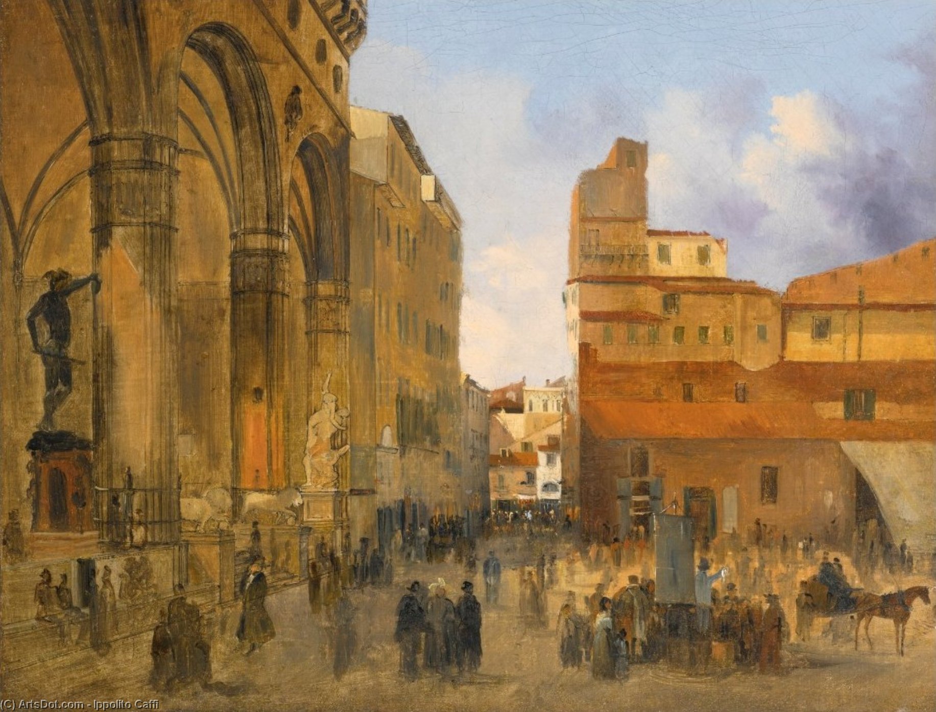 A View Of The Piazza Della Signoria With The Loggia Dei Lanzi At Left By Ippolito Caffi — Ippolito Caffi