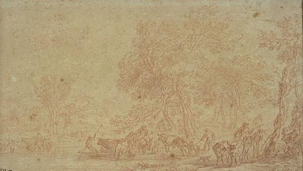 Farmers With A Herd Crossing A River On A Ferry — Nicolaes Pietersz Berchem
