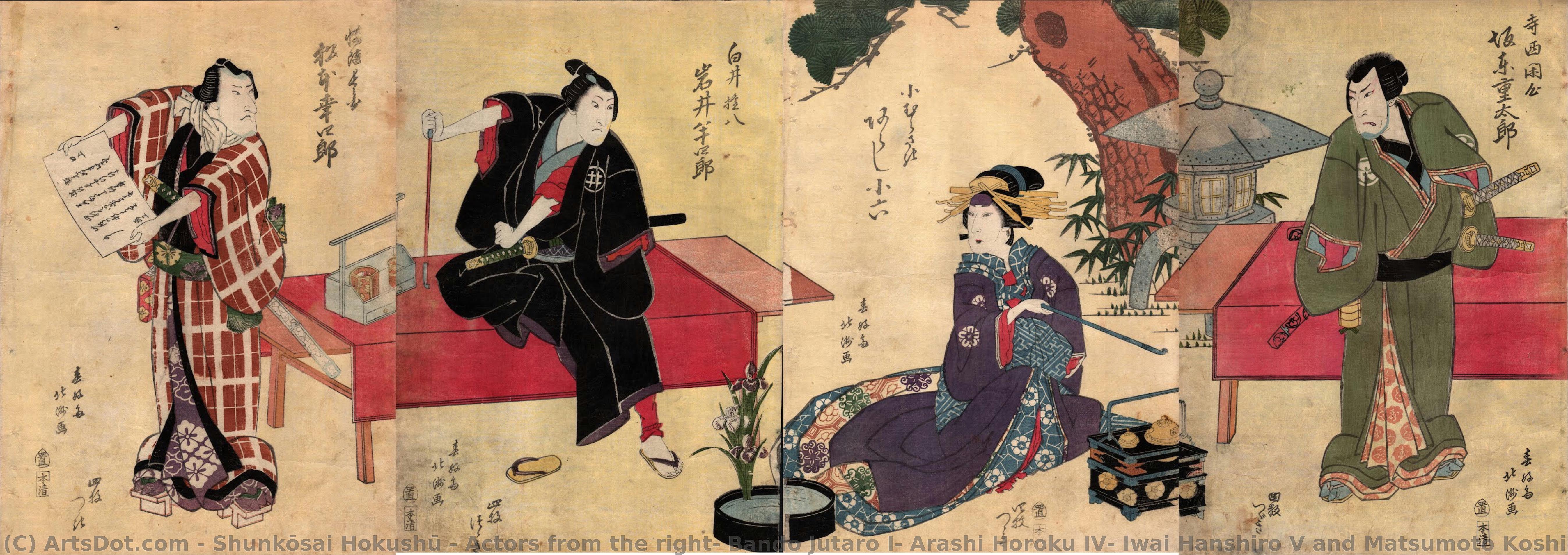 Actors From The Right, Bando Jutaro I, Arashi Horoku Iv, Iwai Hanshiro V And Matsumoto Koshiro V — Shunkōsai Hokushū