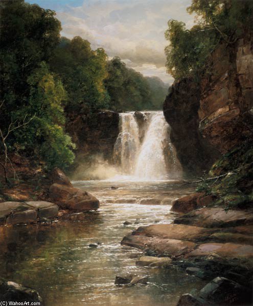 A Wooded River Landscape With Waterfall — James Burrell Smith