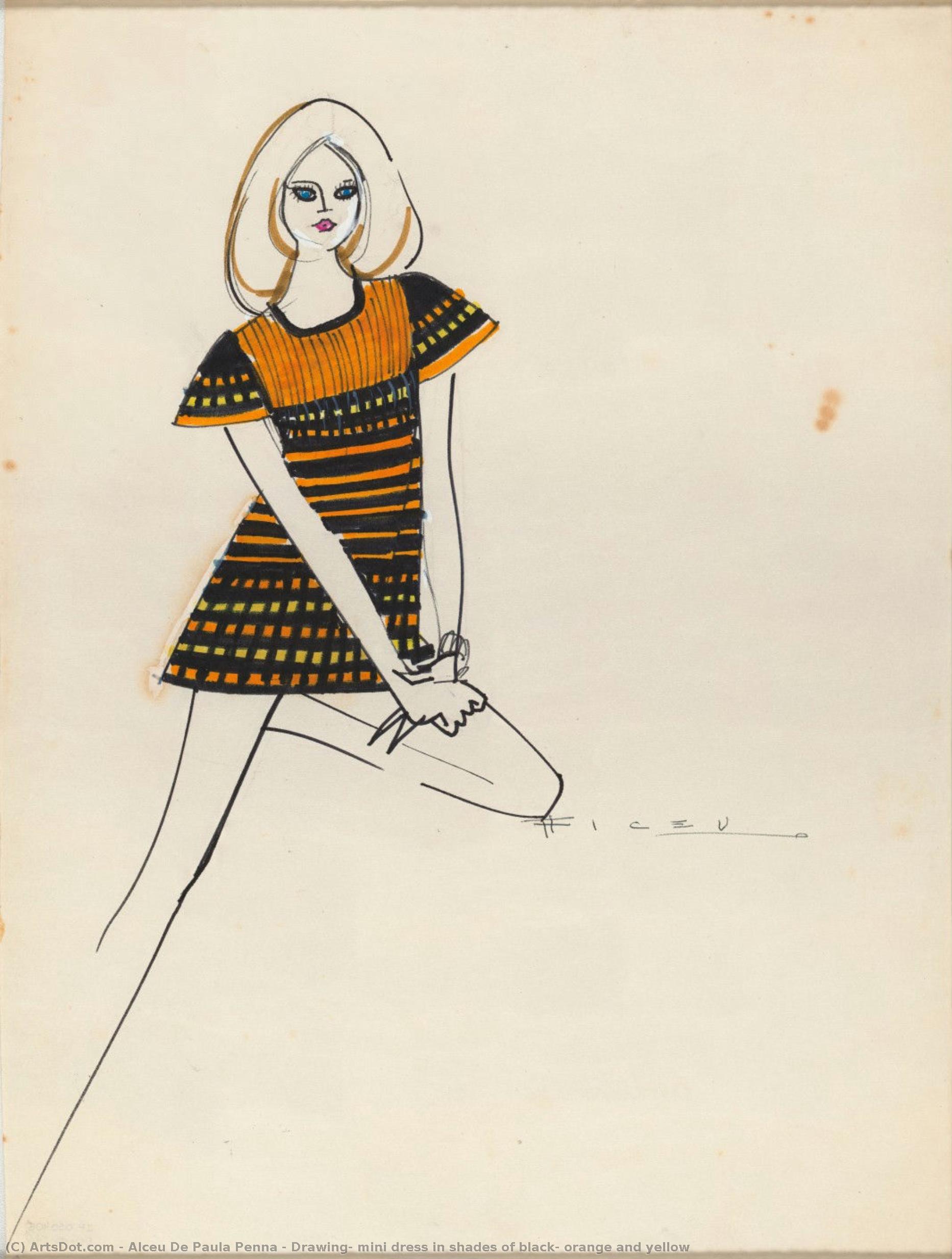 Drawing, Mini Dress In Shades Of Black, Orange And Yellow — Alceu De Paula Penna