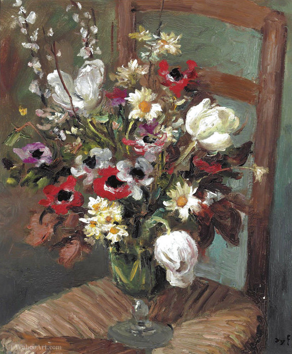 Tulips And Anemones On A Chair, (1950) — Marcel Dyf