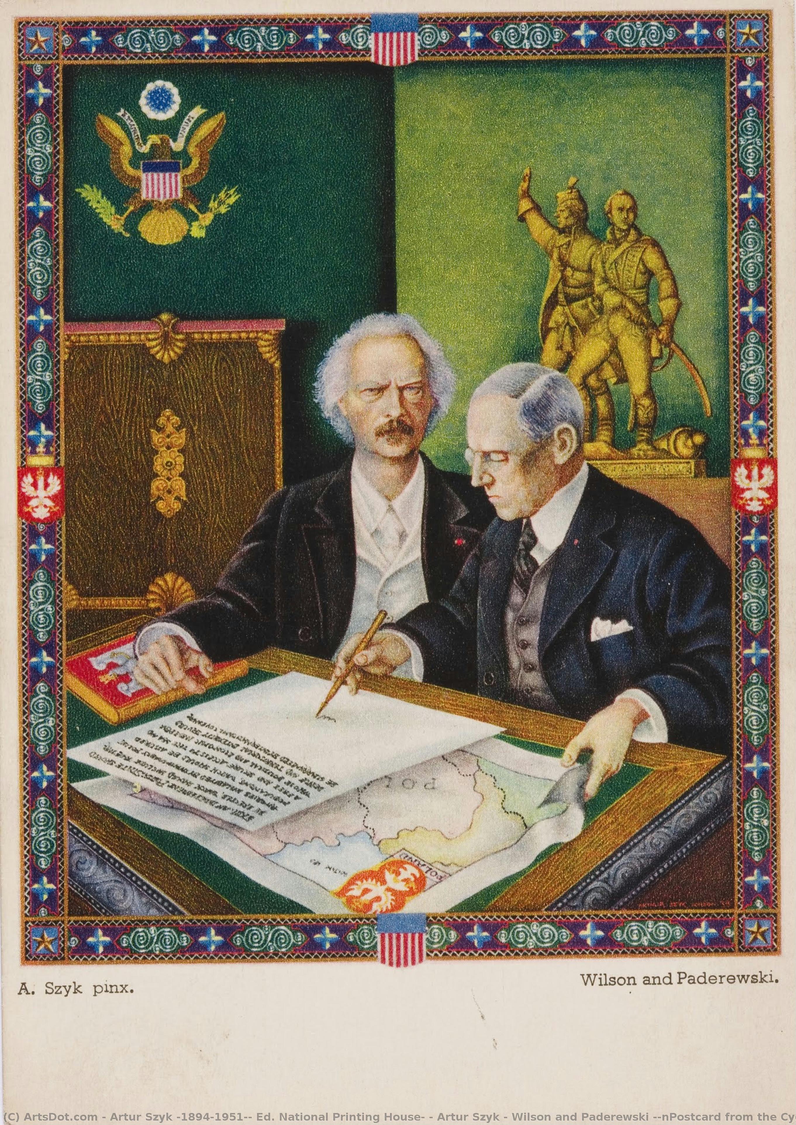 Wilson And Paderewski –\npostcard From The Cycle: “pictures From The\nglorious Days Of The Polish-american Fraternity” — Artur Szyk (1894–1951), Ed. National Printing House; © Artur Szyk