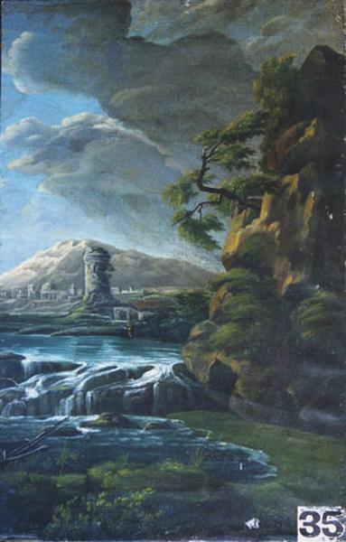 Paysage, Chute D'eau Dans Les Rochers — Babey Théodore