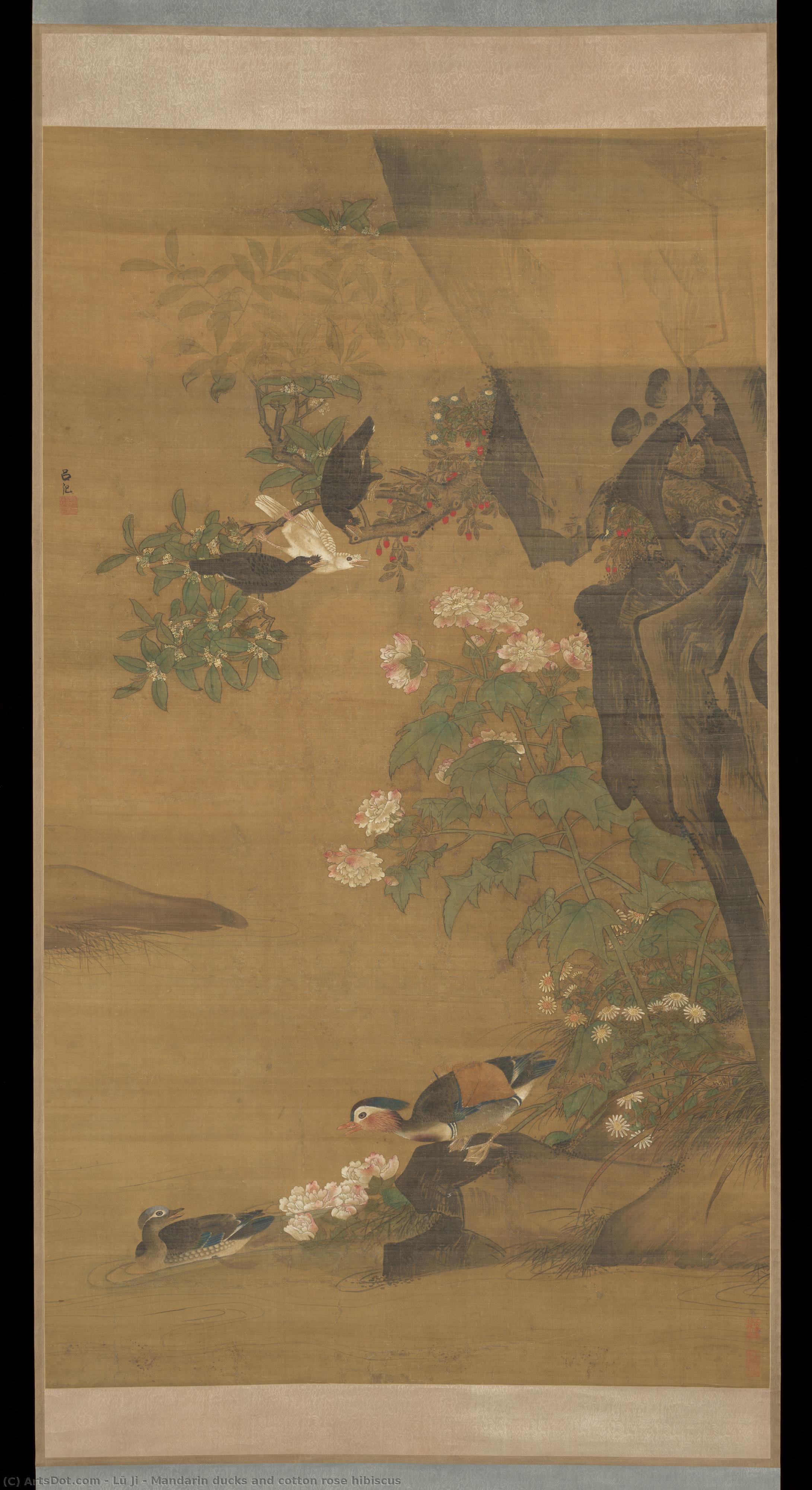 Mandarin Ducks And Cotton Rose Hibiscus — Lü Ji