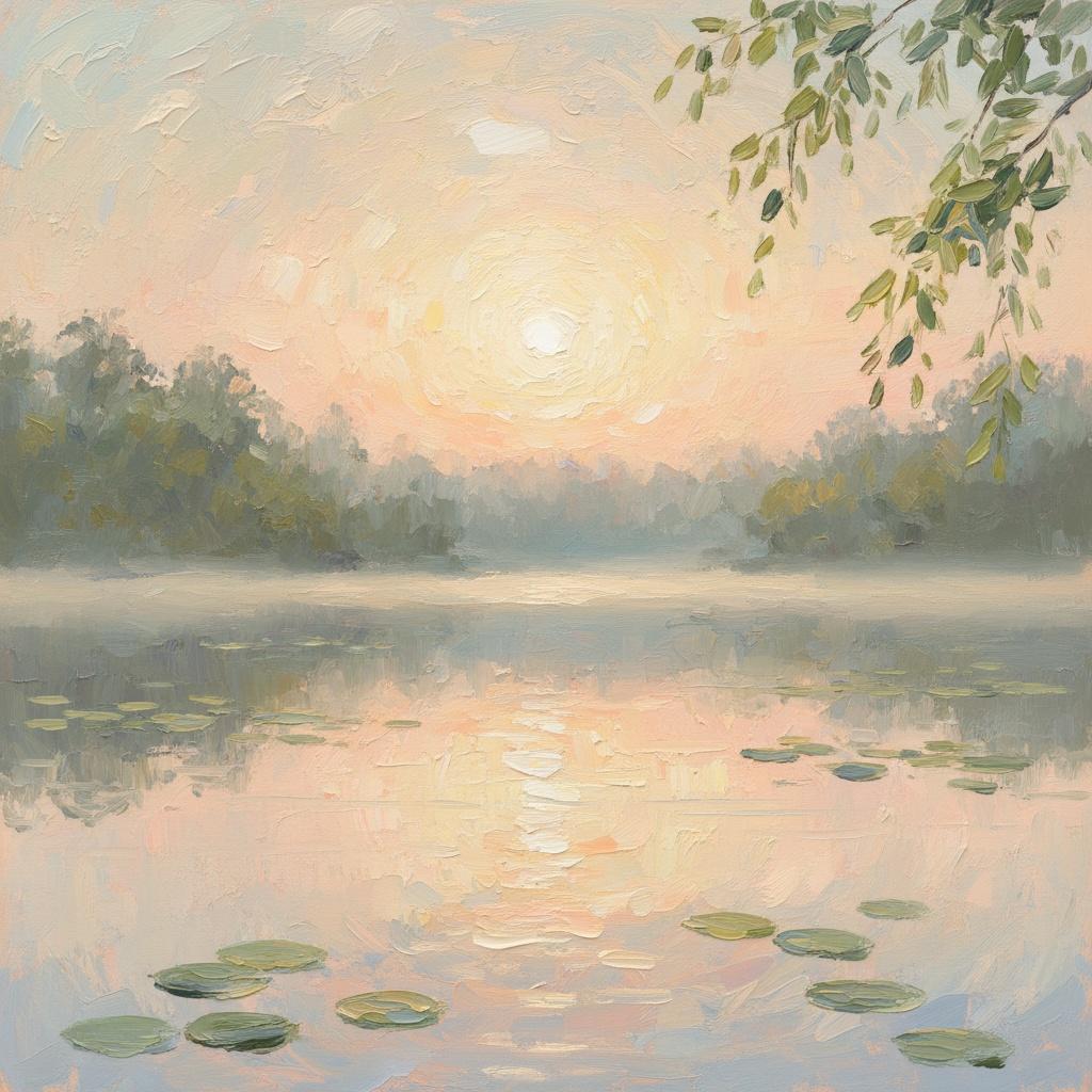 Golden Solitude: An Ethereal Impression Of Sunlit Waters And Floating Silken Lilies — Laurent Roche